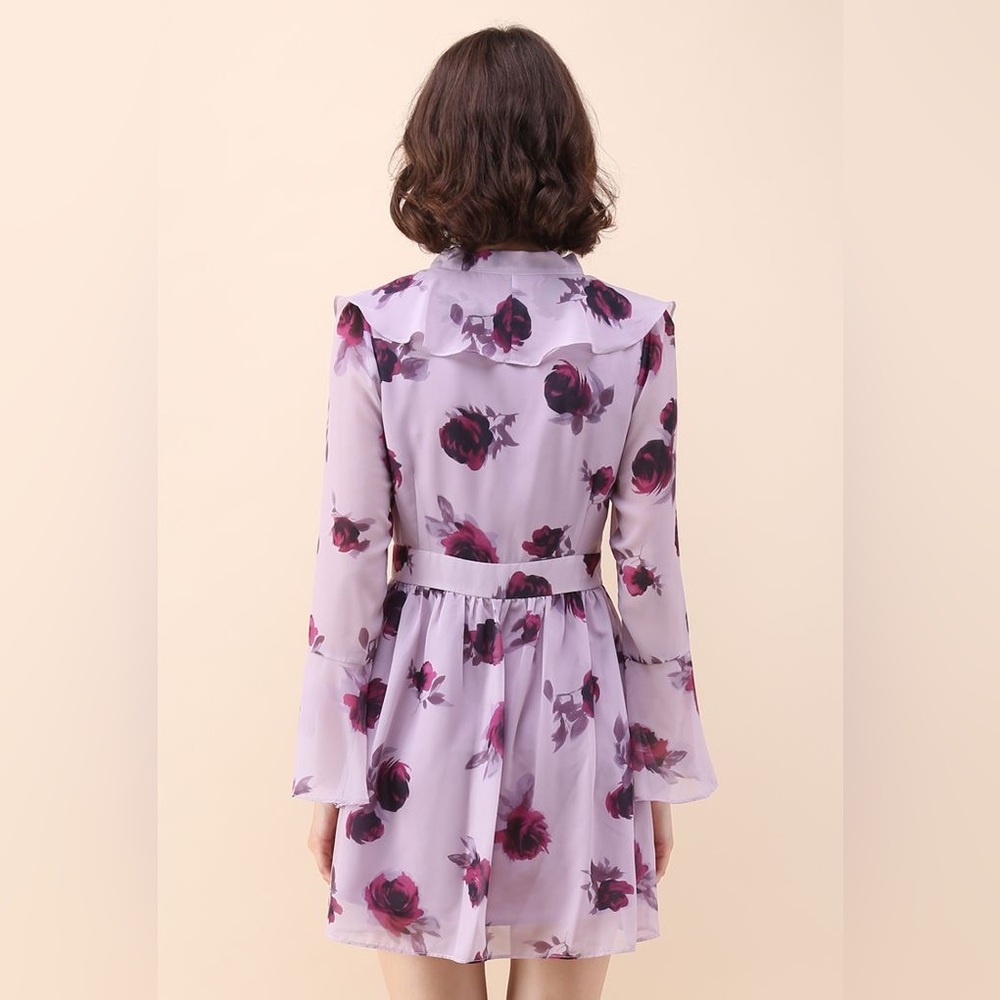 Chicwish REDDISH ROSE RUFFLE CHIFFON DRESS WITH BELL SLEEVES - Picture 8 of 12